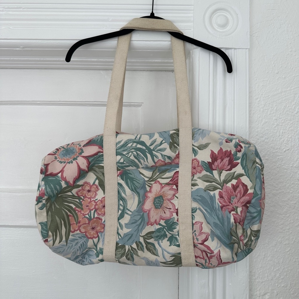 vintage pink & green floral canvas duffle bag
